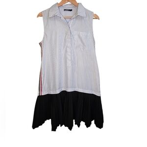 Ciminy Paris Sleeveless Collared Striped Shirt Dress Black Pleated Hem Size L
